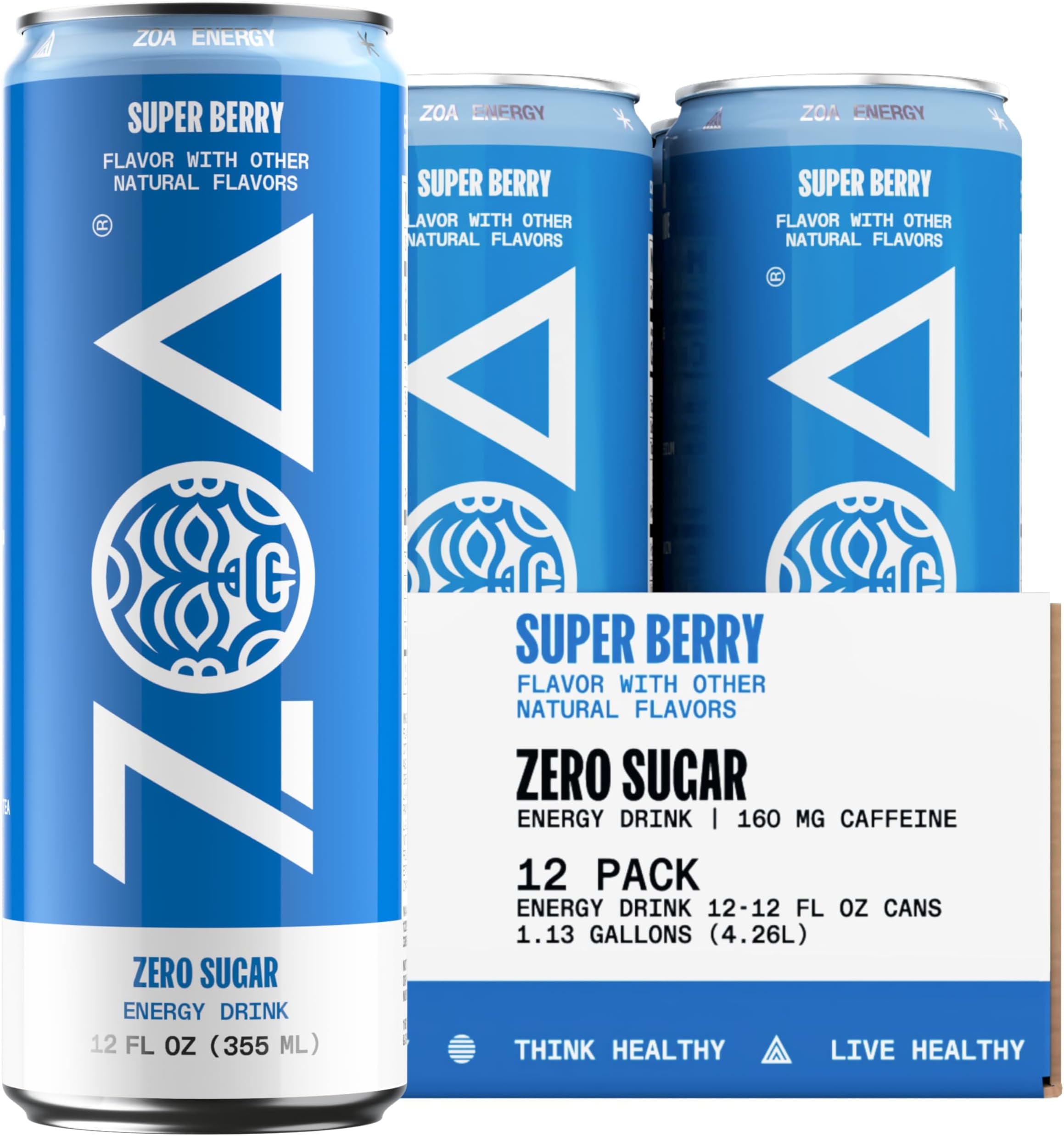 ZOA Zero Sugar Energy Drinks - Super Berry | Healthy Energy Formula with Natural Caffeine, Daily Vitamin C, Essential B-Vitamins | Gluten-Free, Keto Friendly | 12 Ounce Cans (Pack Of 12)