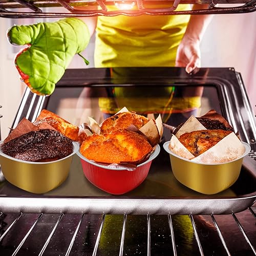 Miniatura 7 de Kidum Juego de 50 sartenes de aluminio en forma de corazón de 6.8 onzas con tapas en forma de corazón, moldes desechables para cupcakes, recipientes