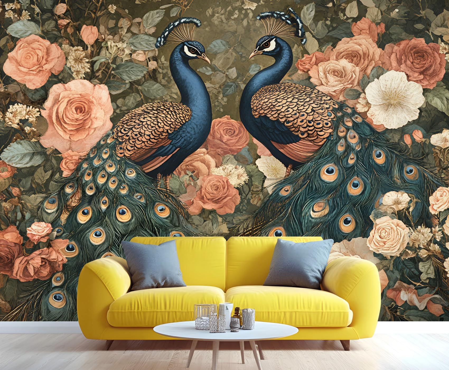 YXQAIED Peacock Wallpaper, Retro Rose Bedroom Wallpaper, Elegant Flowers Wallpapers for Living Room, Not Self Adhesive Mushrooms Photo 3D Wall Murals & Room Decor, 350x256cm — image 1