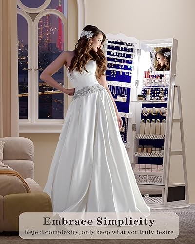 Miniatura 6 de Armario de joyería con espejo de pie de longitud completa con luces, almacenamiento y estante giratorio, color blanco