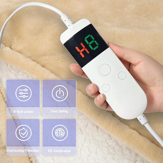 Heated Electric Blanket Throw 130x160cm, 10 Settings Heating,1-8h Timer Auto-Off, Overheat Protection, Machine Washable, Flannel and Sherpa Heated Blanket for Sofa Bed, Office