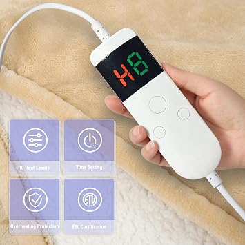 Heated Electric Blanket Throw 130x160cm, 10 Settings Heating,1-8h Timer Auto-Off, Overheat Protection, Machine Washable, Flannel and Sherpa Heated Blanket for Sofa Bed, Office