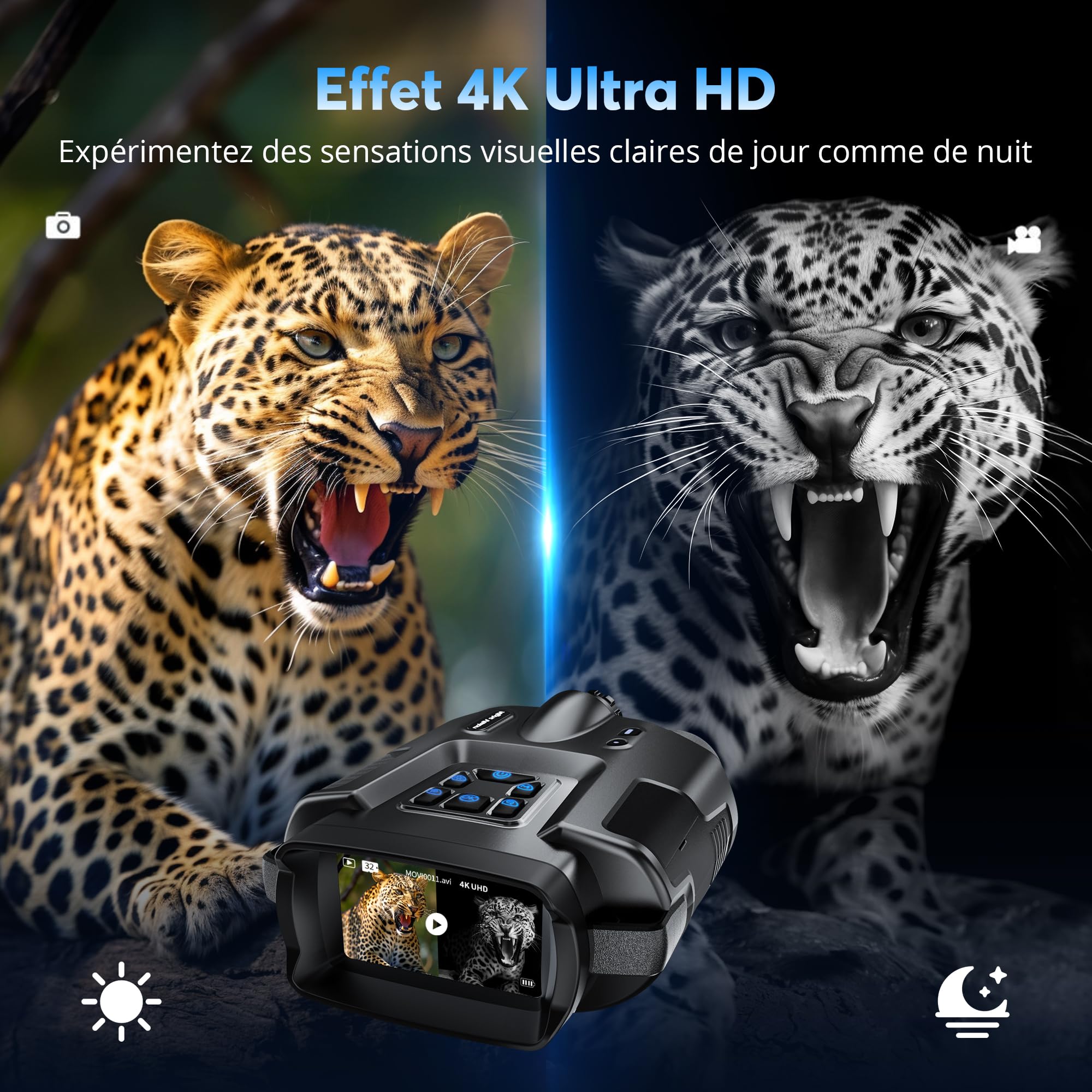 Jumelles de Vision Nocturne 4K, Zoom numérique 8X, Batterie 5000 mAh Rechargeable, portée visuelle 600 m, écran TFT UHD de 3", étanche IP65, pour la Chasse, Le Camping avec Carte TF de 64GB