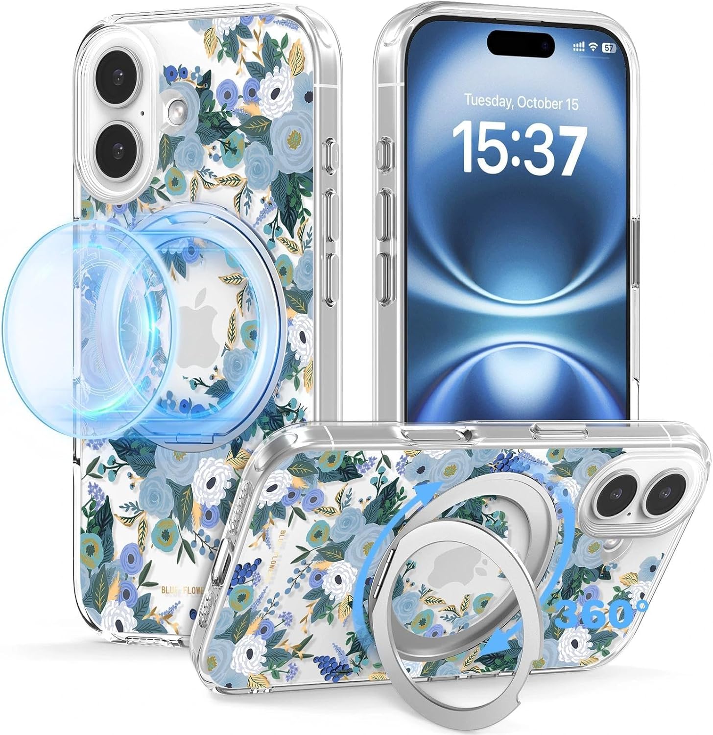 for iPhone 16 Plus Case with MagSafe Stand Ring for Women, Cute Clear Floral Design with 360° Kickstand Holder Magnetic Shock Proof Heavy-Duty Protection Blue Flower