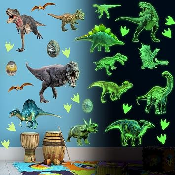 Dinosaurs Wall Decals Glow in The Dark Dinosaur Wall Stickers Removable Tyrannosaurus Wall Decor Dinosaur Eggs and Paw Print Wall Mural for Kids Nursery Living Room Bedroom Classroom Home Decoration