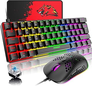 60% Wired Gaming Keyboard and Mouse Combo 62 Key 19 Rainbow LED Backlit Mechanical Keyboard with Full Anti-ghosting Blue Switch Type-C RGB Lightweight Gaming Mouse 6400 DPI for PC/Mac Gamer(Black)