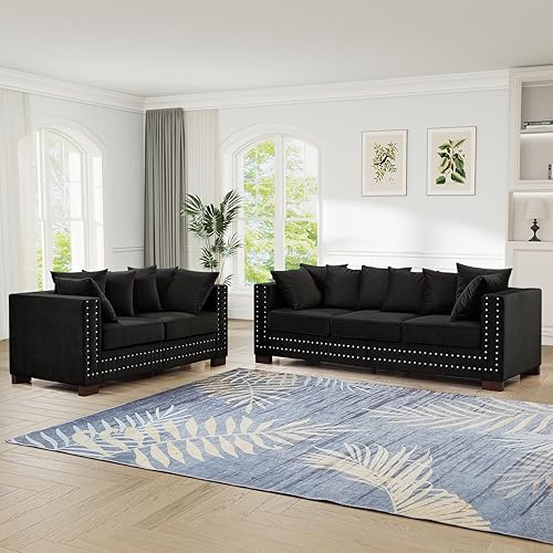 2 Piece Velvet Couch and Loveseat Sets, Mid Century Modern Couch with Storage, Upholstered Deep Seat Chesterfield Sofa with Nailhead Trim&Pillows, Comfy Sofa for Living Room, Bedroom, Apartment(Black)