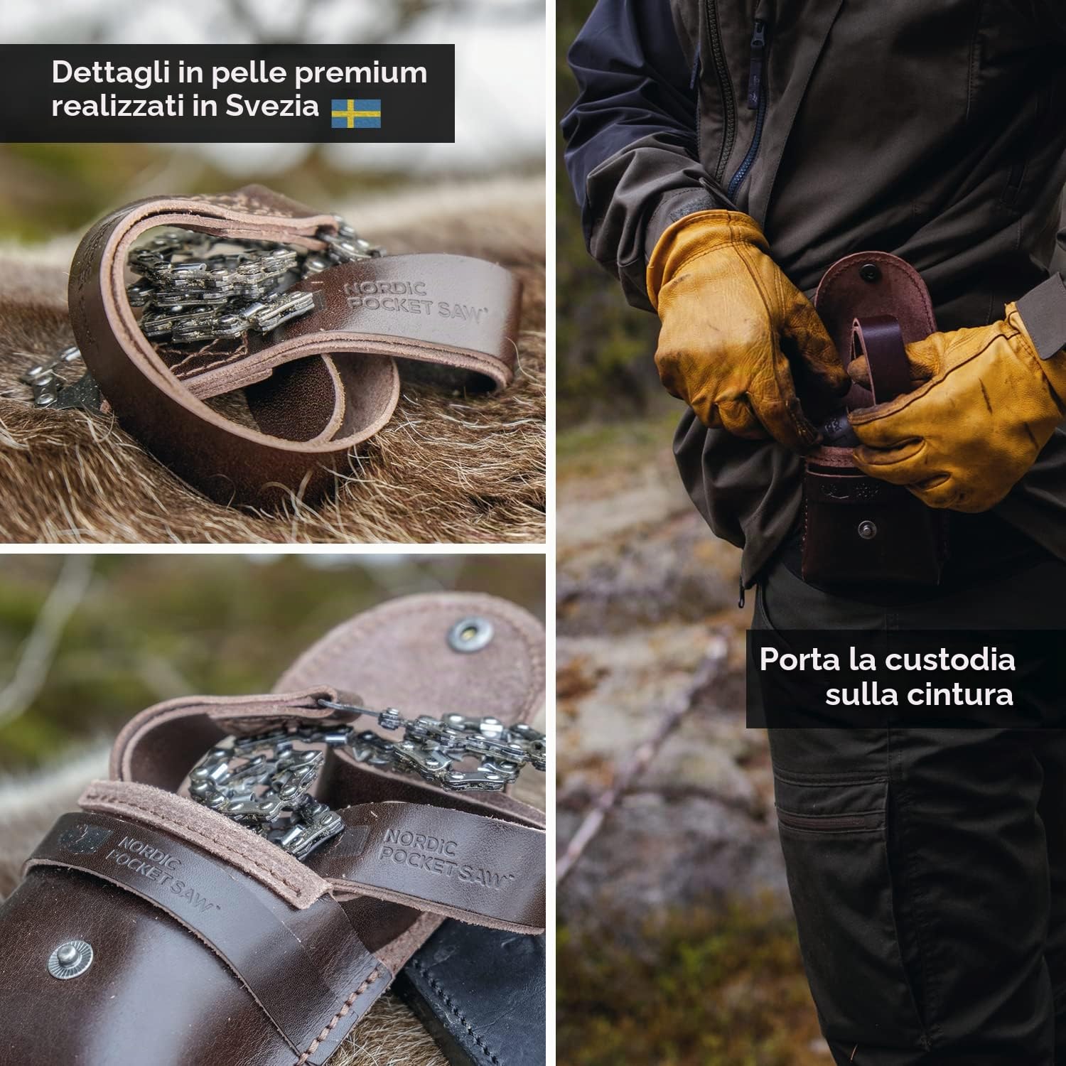 Nordic Pocket Saw Sega a Mano - Motosega a Mano 65 cm con Manici in Pelle - Accetta da Campeggio Sega Sopravvivenza Escursionismo - Portable Chainsaw 33 Denti