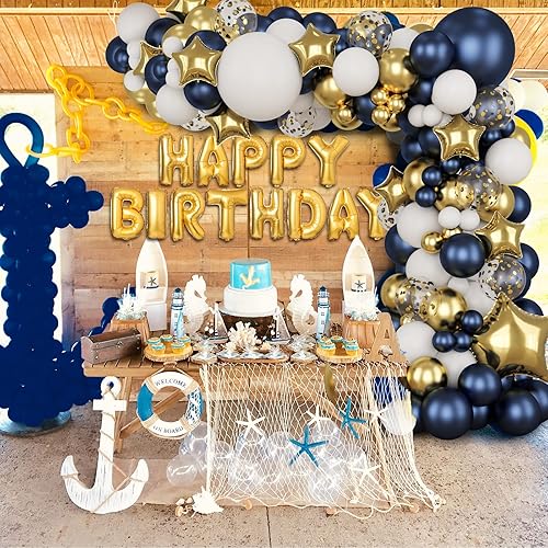 Miniatura 5 de RUBFAC Kit de arco de globos dorados azul marino guirnalda de globos azul marino globos metálicos de confeti blanco globos de aluminio para baby