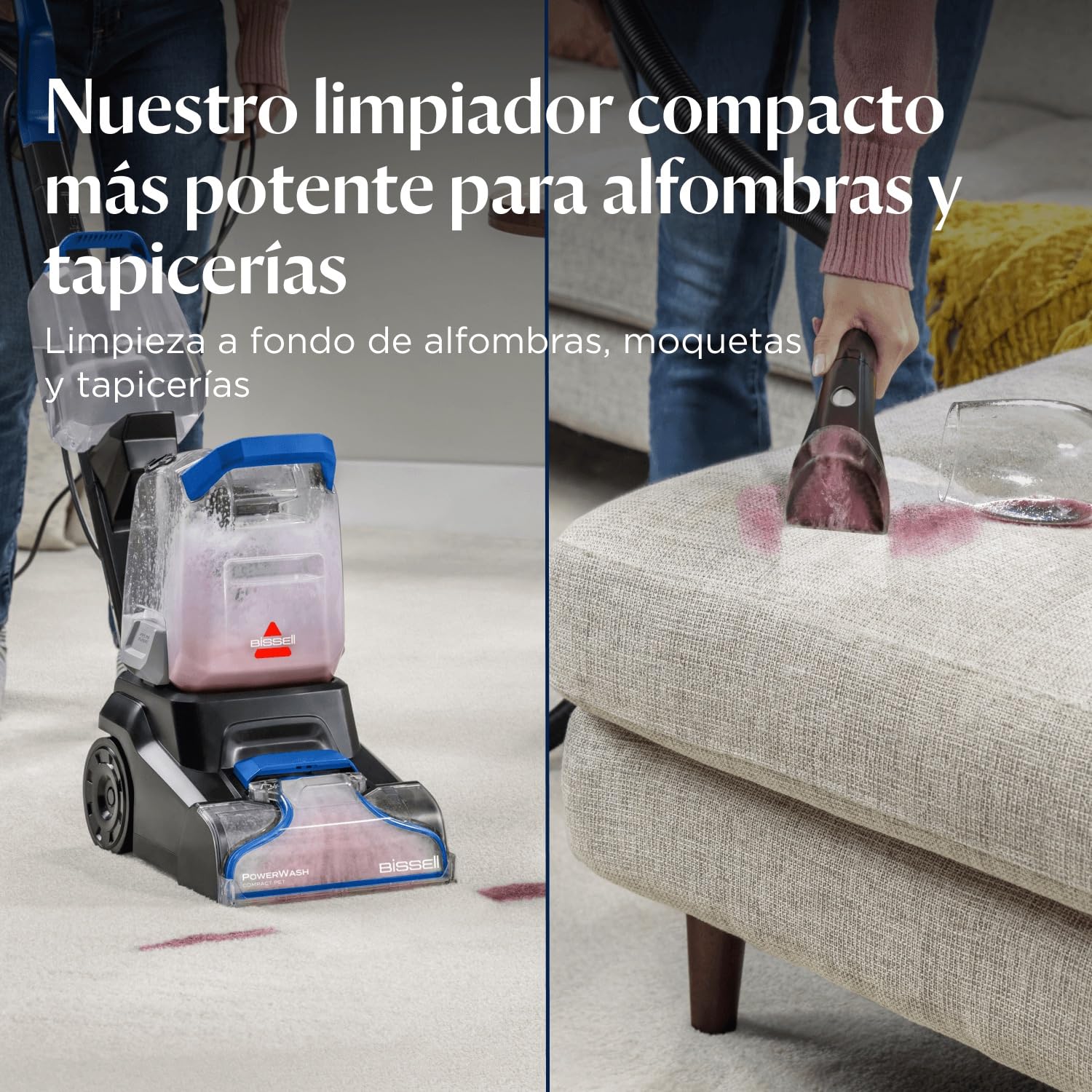 BISSELL PowerWash Compact Pet, Aspiradora de Agua Tapicería y Alfombras Compacto, Manchas y Olores Mascotas, Lava aspiradora Multisuperficie, Accesorios Desmontables, 600W, Portable, con Cable, 4058N