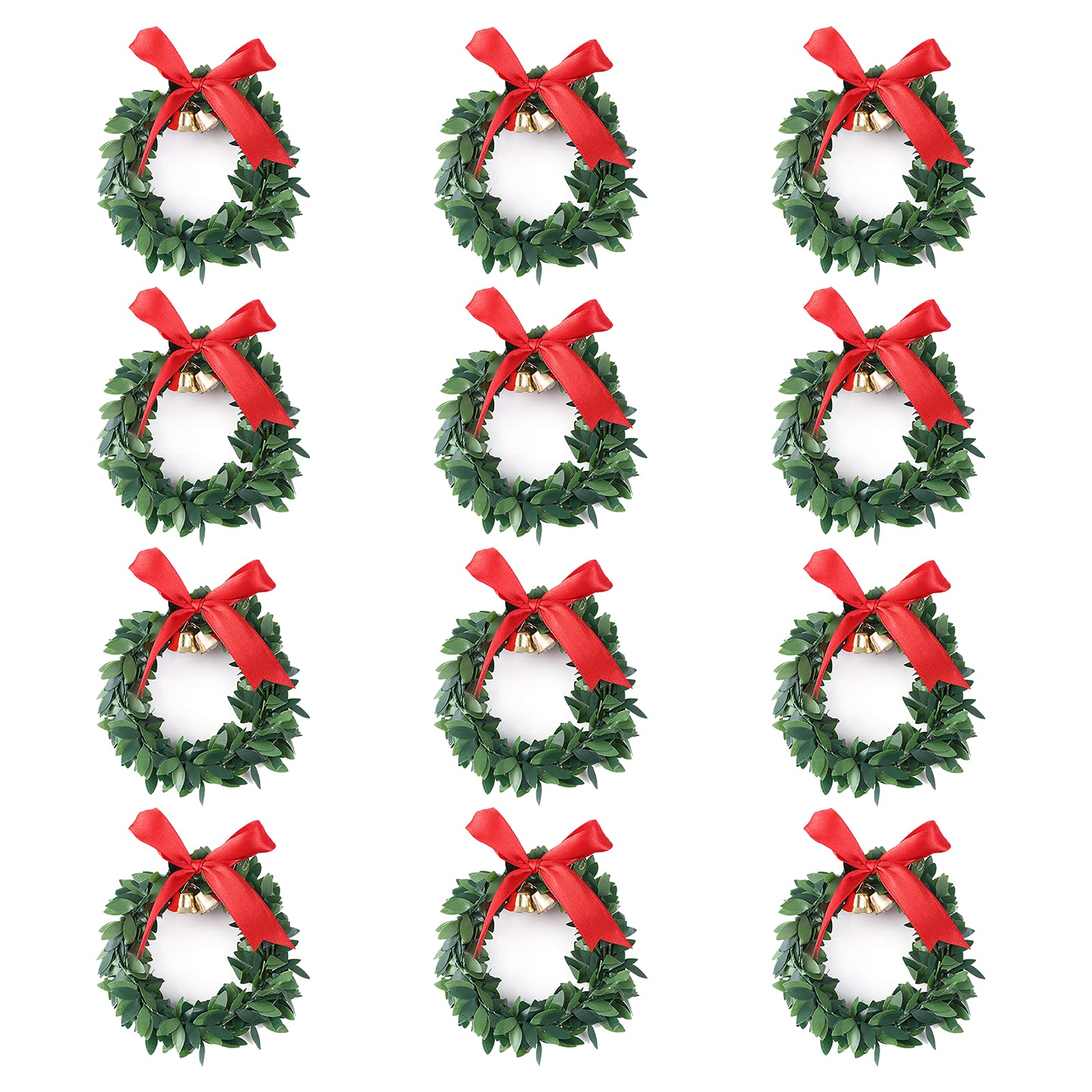 Mokyler 12 PCS Christmas Candle Garland Artificial Small Wreaths, Round Boxwood Wreath with Bowknot and Bell Candle Rings Decoration Garland for Wedding Holiday Party Decor