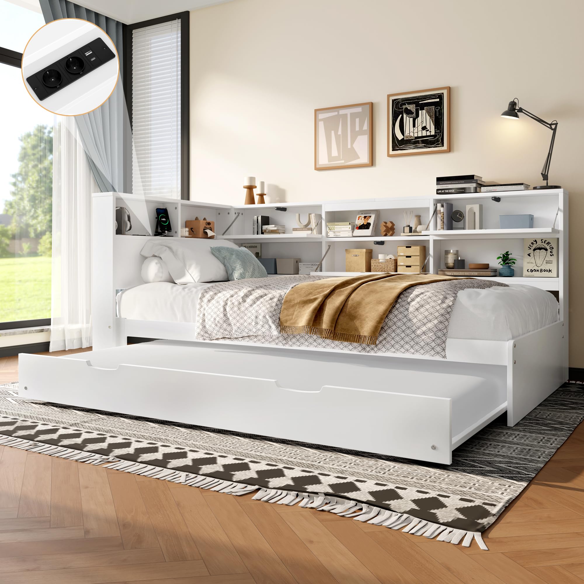Divano letto, 90 x 200 cm, testiera con vano portaoggetti, letto estraibile, senza materasso, bianco