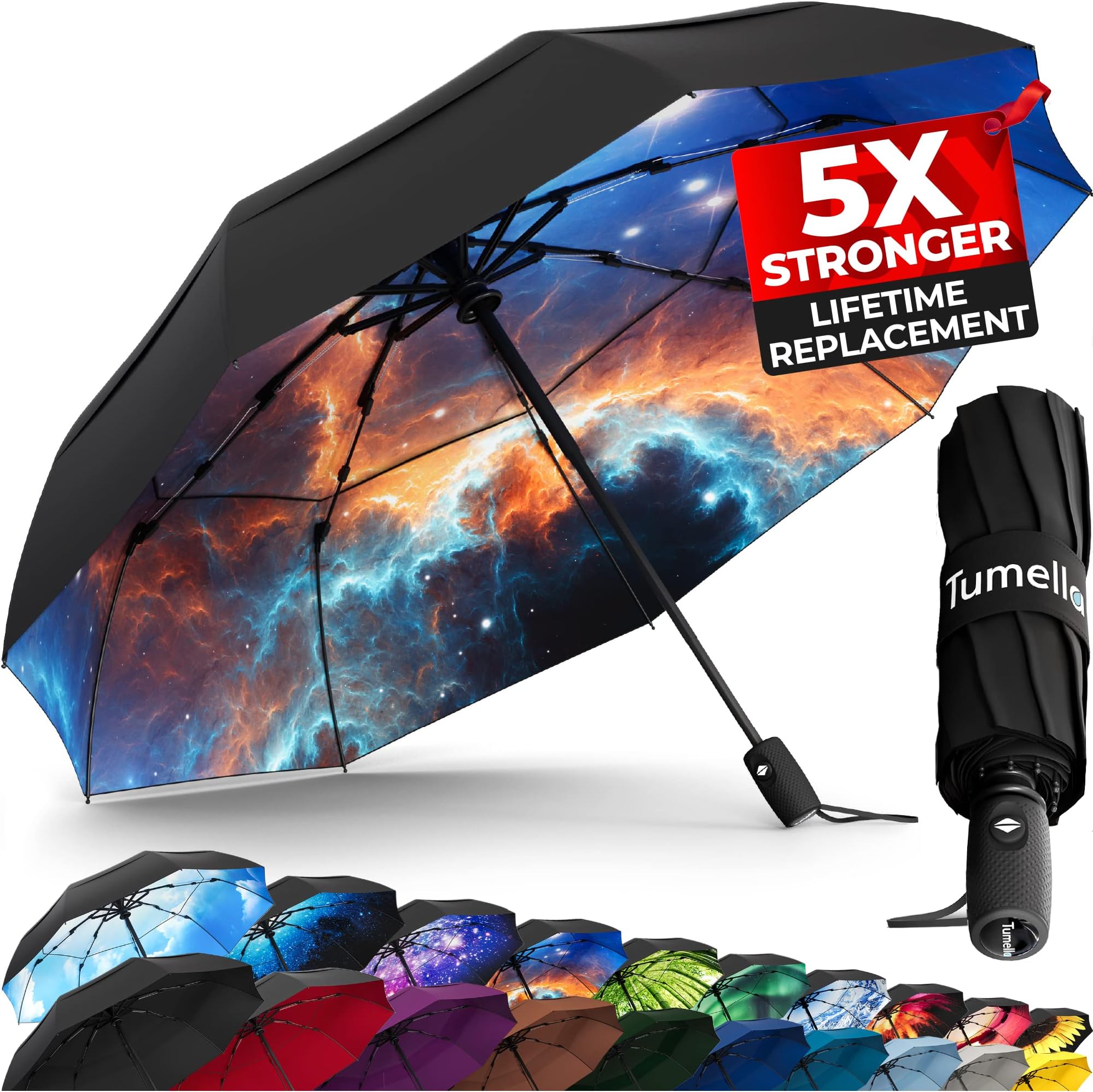 TUMELLA Unbreakable Windproof Travel Umbrella (Light, Beautiful & Superior), 2023 Ultra-Flex Tech, Compact, Small, Portable, Automatic, Strong, Durable, Premium Grip, Vibrant Designs, Folding Umbrella