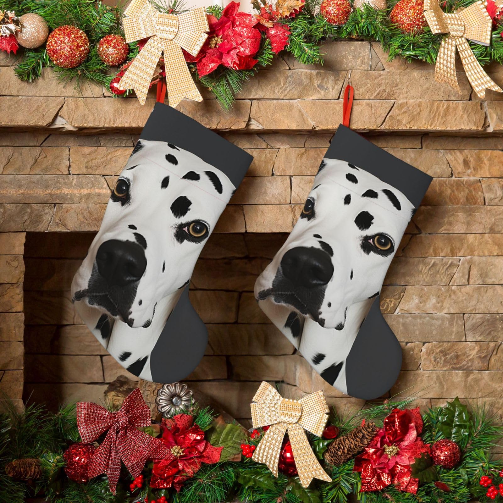 Fodpand Boys Black Dalmatian Christmas Stockings Hanging Ornaments For Holiday Decor, 18 Inches Velvet Fireplace Hanging Xmas Stocking, Candy Gift Bags For Christmas Decorations