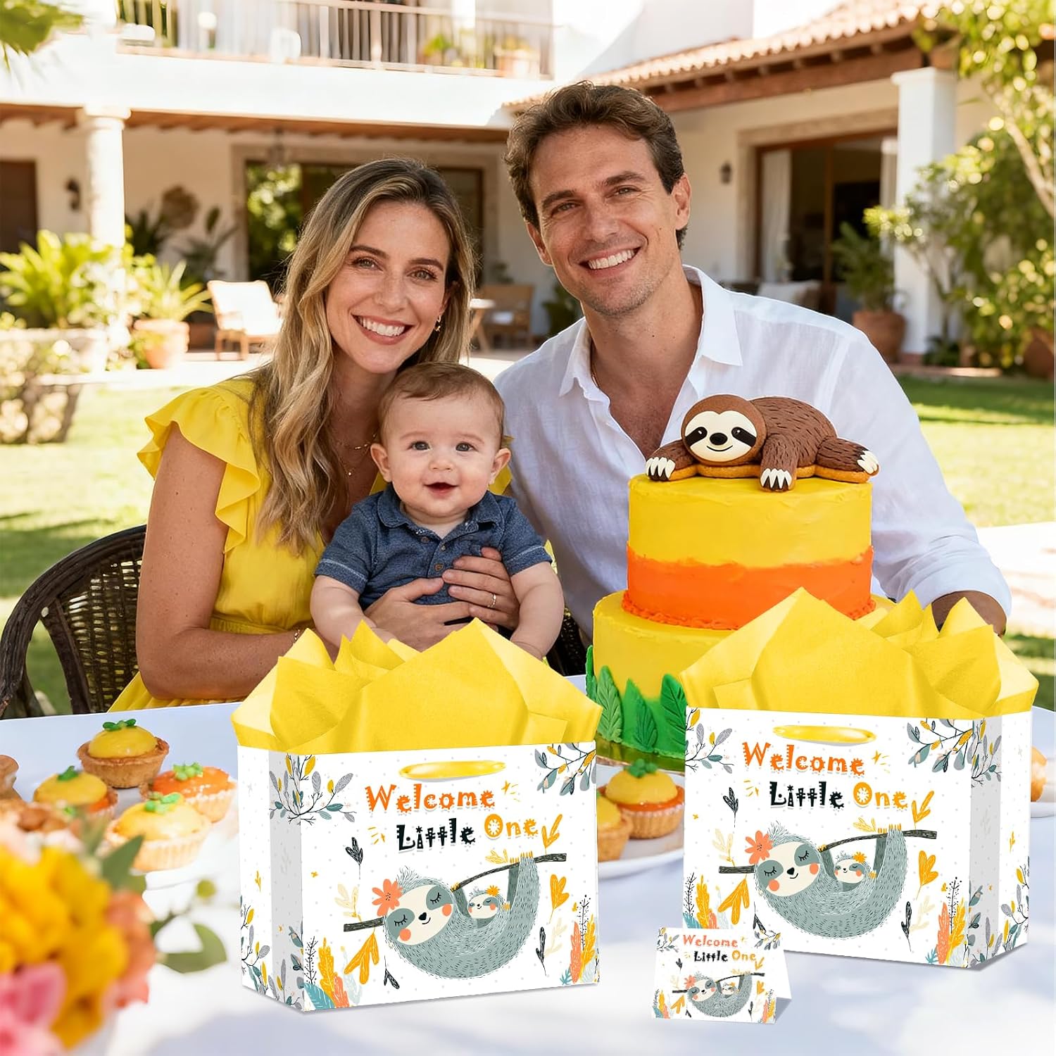 bigniuzi Sloth Baby Shower Paper Gift Bag for Girls Boys with Tissue Paper and Greeting Card Sloth Baby Shower Wrapping Paper for Party Supplies Yellow - Image 3