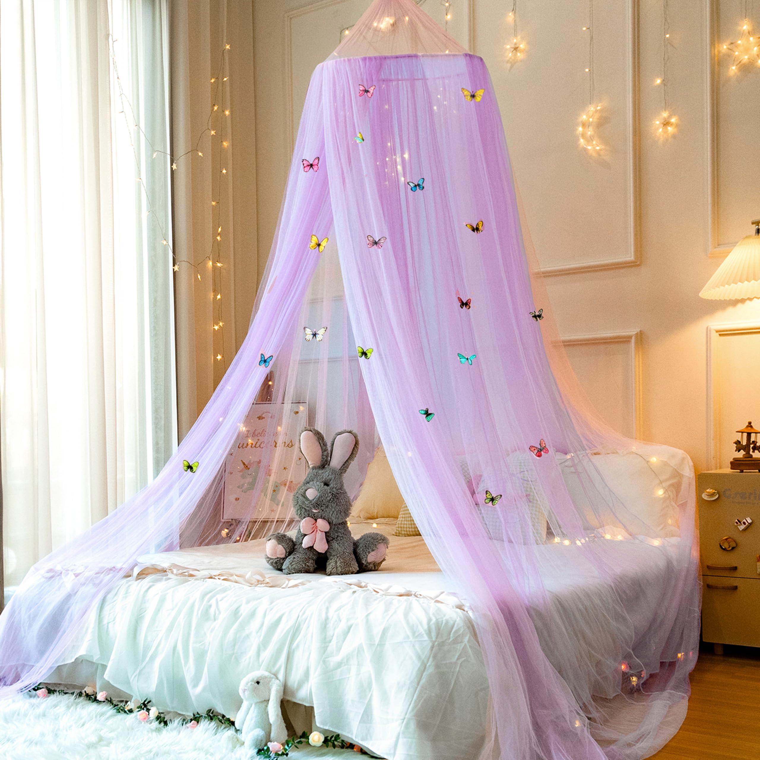 White Bed Canopy with Lights and Butterflies for Girls Bed Net,Princess Canopy with DIY Butterfliesfor Girls Bed Room Decor (Pink Purple Butterflies)