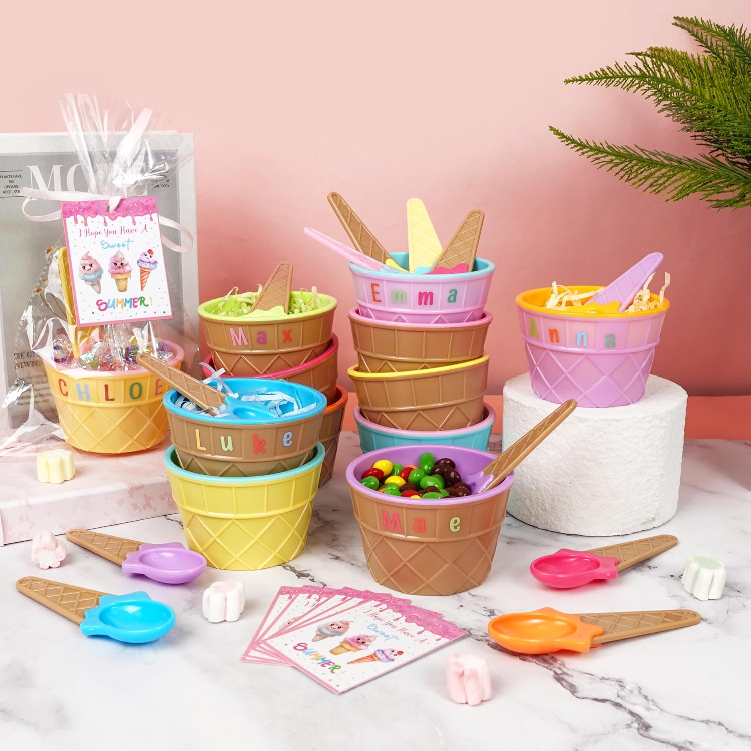 Fayoo 24 Pack End of Year Student Gifts-Ice Cream Bowls and Spoons Set Ice Cream Party Favors with Cards Raffia Ribbon Plastic Bag Sticker for End of School Summer Graduation Gifts Classroom Reward