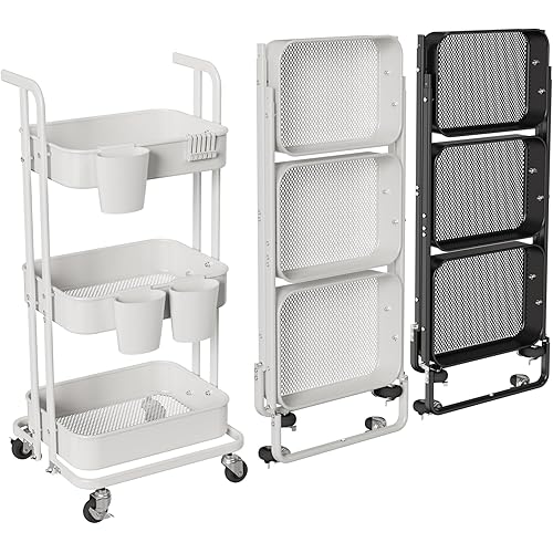 Merapi 3 Tier Rolling Cart, Metal Foldable Utility Cart with Wheels, Hanging Cups and Hooks, Folding Storage Cart for Living Room, Kitchen, Bathroom, Bedroom, White