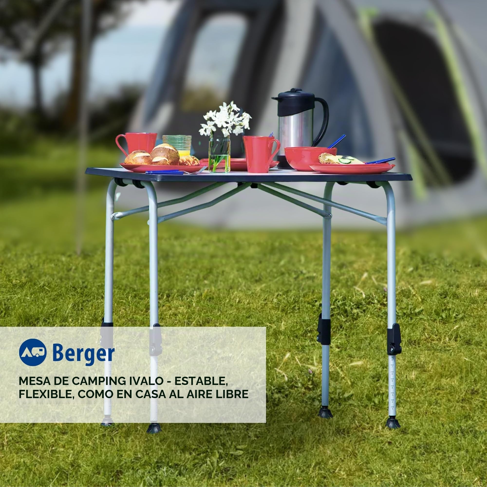 Berger Mesa plegable de camping de aluminio y madera MDF | Mesa de jardín, para exterior o interior, regulable en altura | Ivalo I 80x60 cm