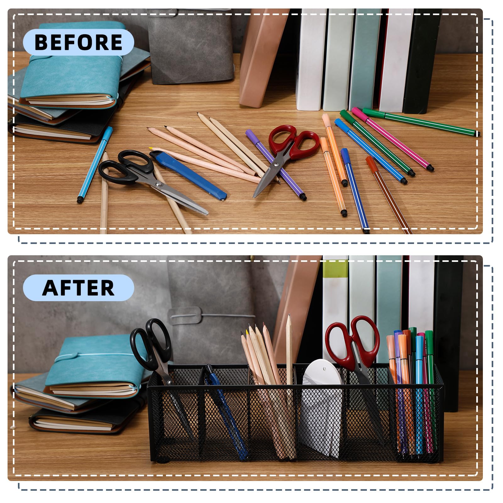 Teling 2 organizer da scrivania in rete metallica, portapenne, 6 scomparti, per cancelleria, matite, cestino portaoggetti (nero)