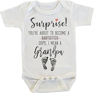 Surprise You're About to Become A Babysitter funny Pregnancy Reveal Announcement gift Grandparents Grandma Grandpa Grandmother Grandfather Aunt Uncle Godmother Big Sister Onesie/Bodysuit (Grandpa)