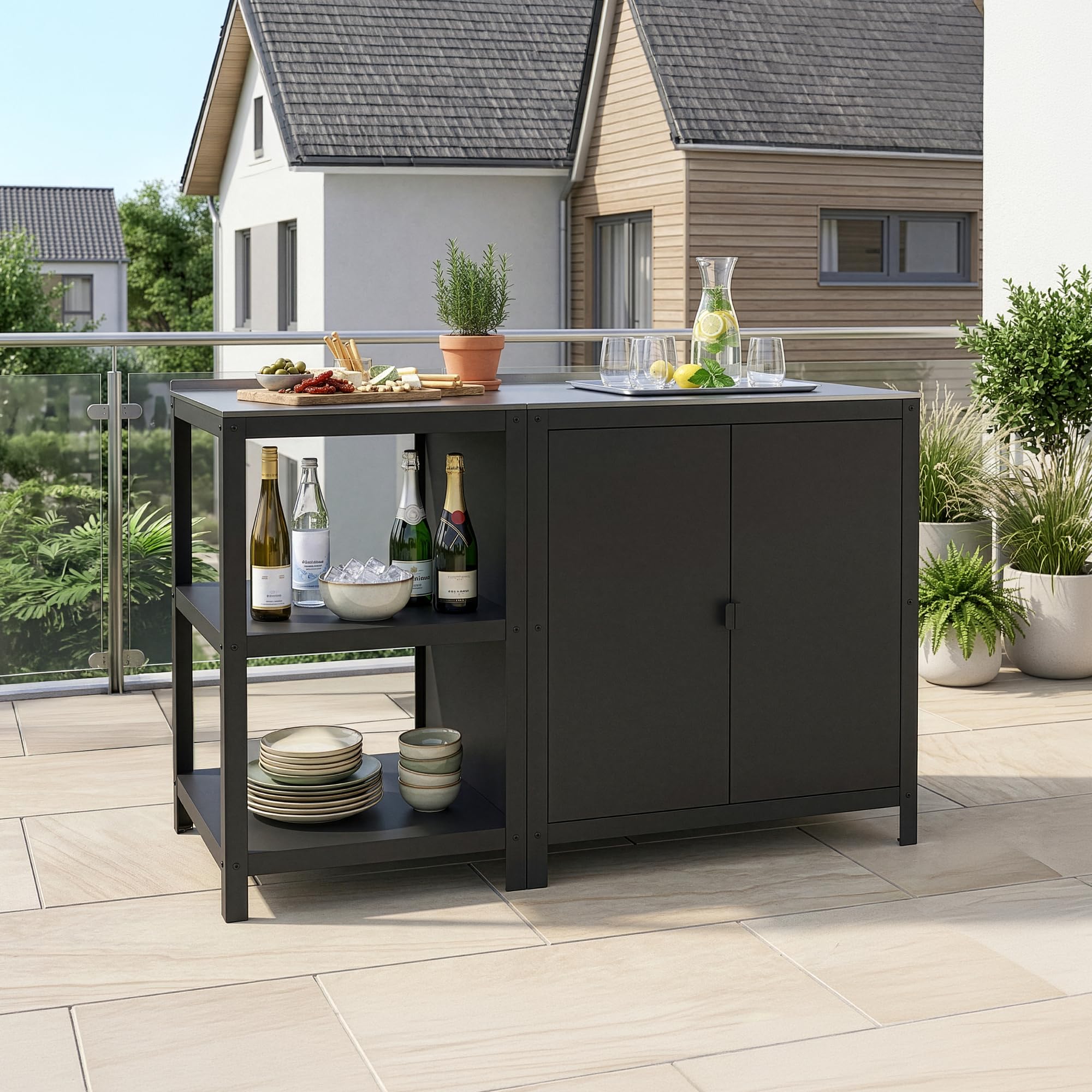 casa.pro Outdoorset Bolognano Gartenmöbelset Outdoor-Standregal und Outdoor-Schrank im Set Gartenschrank Gartenregal für Grill Möbelset für Drinnen und Draußen Schwarz matt