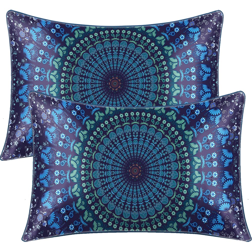 BlessLiving Boho Satin Pillow Case for Women Men - 2 Pack Queen(20''x30'') Mandala Pillowcase - Set of 2 Blue Silk Pillowcase Set with Envelope Closure โ image 1
