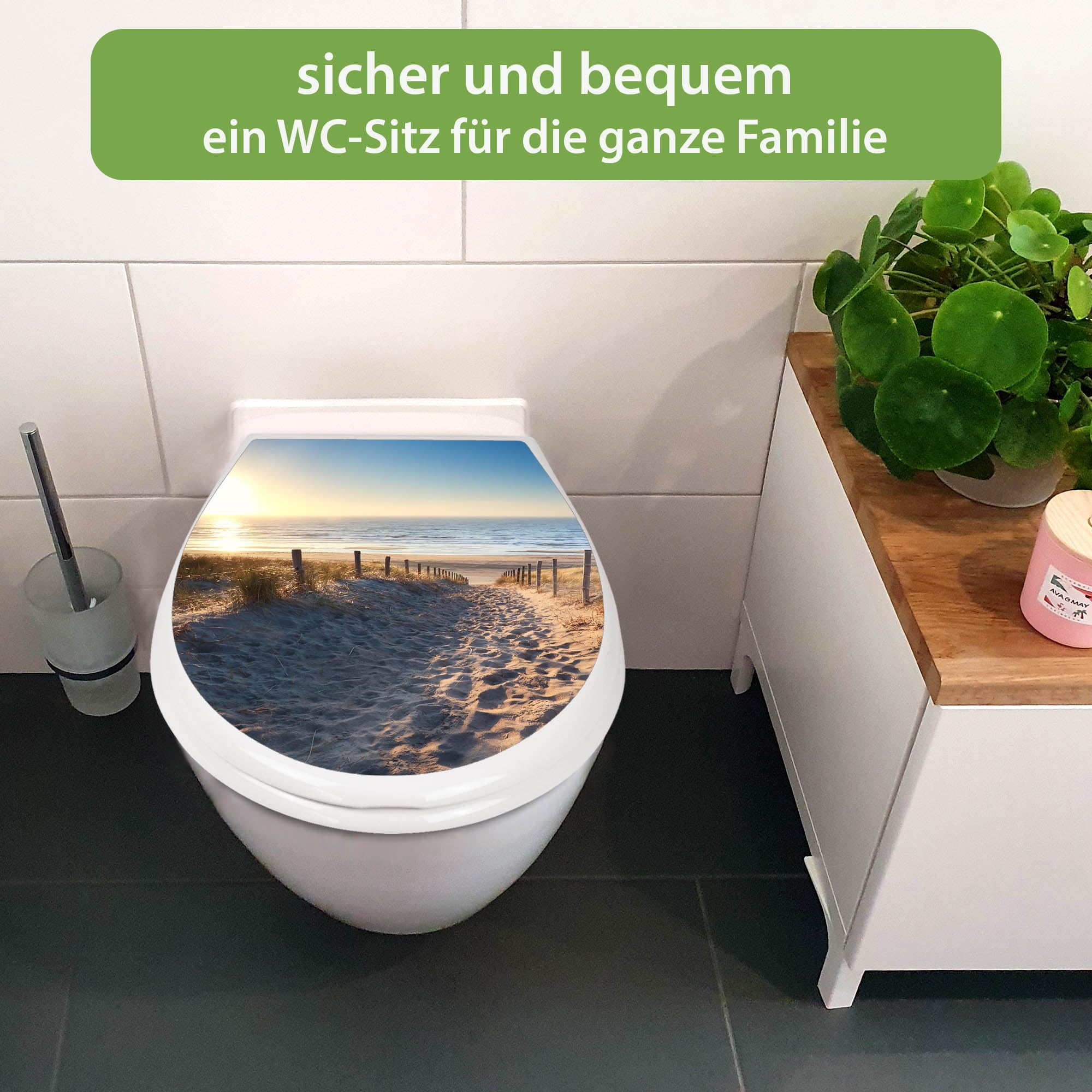 banjado Familien WC Sitz mit Absenkautomatik 44,9x37,1cm - Klobrille mit Kindersitz aus hochwertigem Polypropylen - Toilettendeckel mit Kinder Toilettensitz integriert - Motiv Nordseestrand