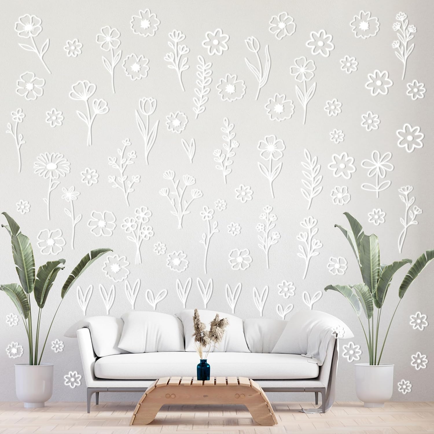A1diee White Wildflower Wall Stickers - 8 Sheets in Total 160 Pieces Boho Spring Daisy Leaf Floral Aesthetic Translucent Peel and Stick Decals for Girls Room Home Decor Nursery Classroom Window Door