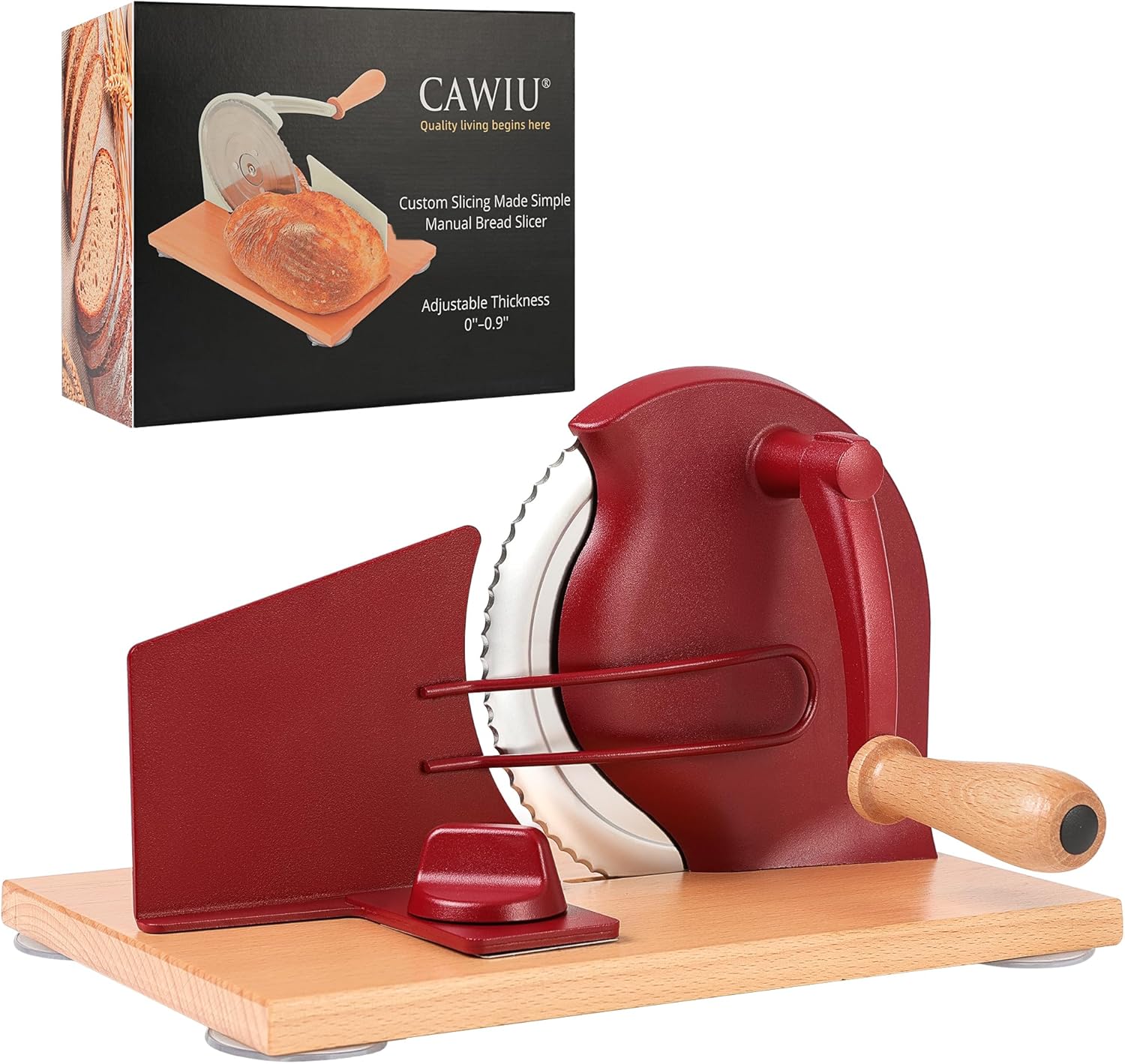 CAWIU Upgraded Manual Bread Slicer for Homemade Sourdough, Adjustable Thickness Hand Crank Bread Cutter with Stainless Steel Blade, Slicing Guide, Suction Cups & Protective Cover (Red)