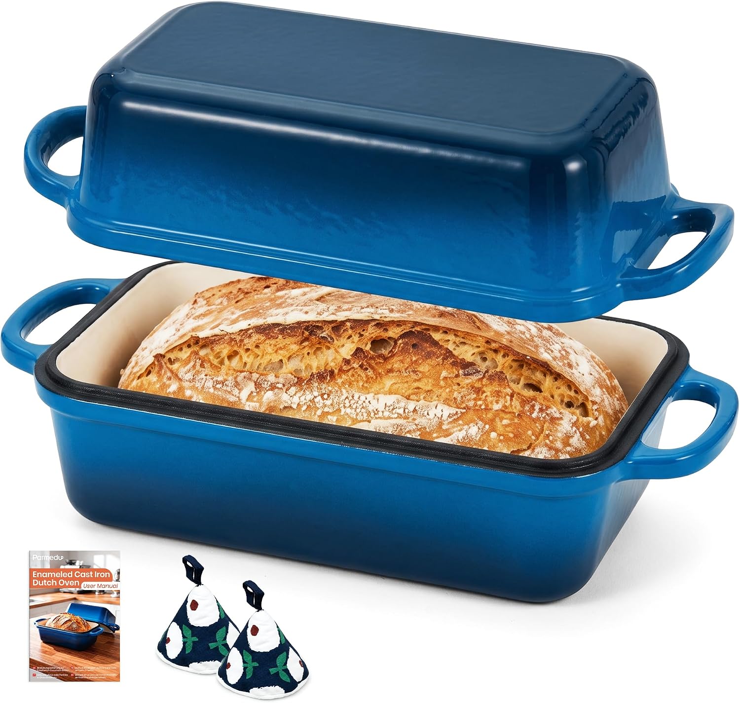 Parmedu 3.8 QT Enameled Cast Iron Loaf Pan Set, 9 x 5 Inch 2-in-1 Sourdough Bread Pan with Lid, Dutch Oven Bread Baker for Sandwich Bread, Banana Bread, Meatloaf & Home Baking