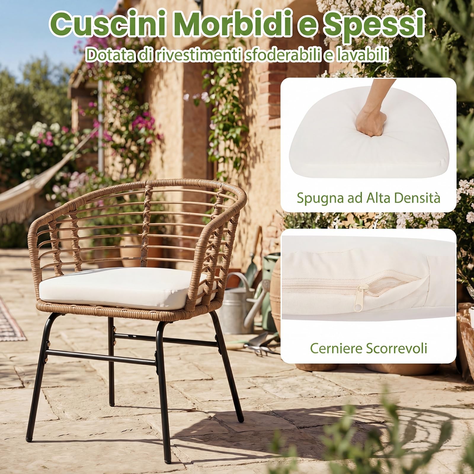 COSTWAY Salotto da Giardino per 2 Persone, Salottino in Rattan Include 2 Poltrone con Cuscini Imbottiti e Tavolino Rotondo con Piano in Vetro Temperato, Set da Esterno a 3 Pezzi per Balcone e Terrazza
