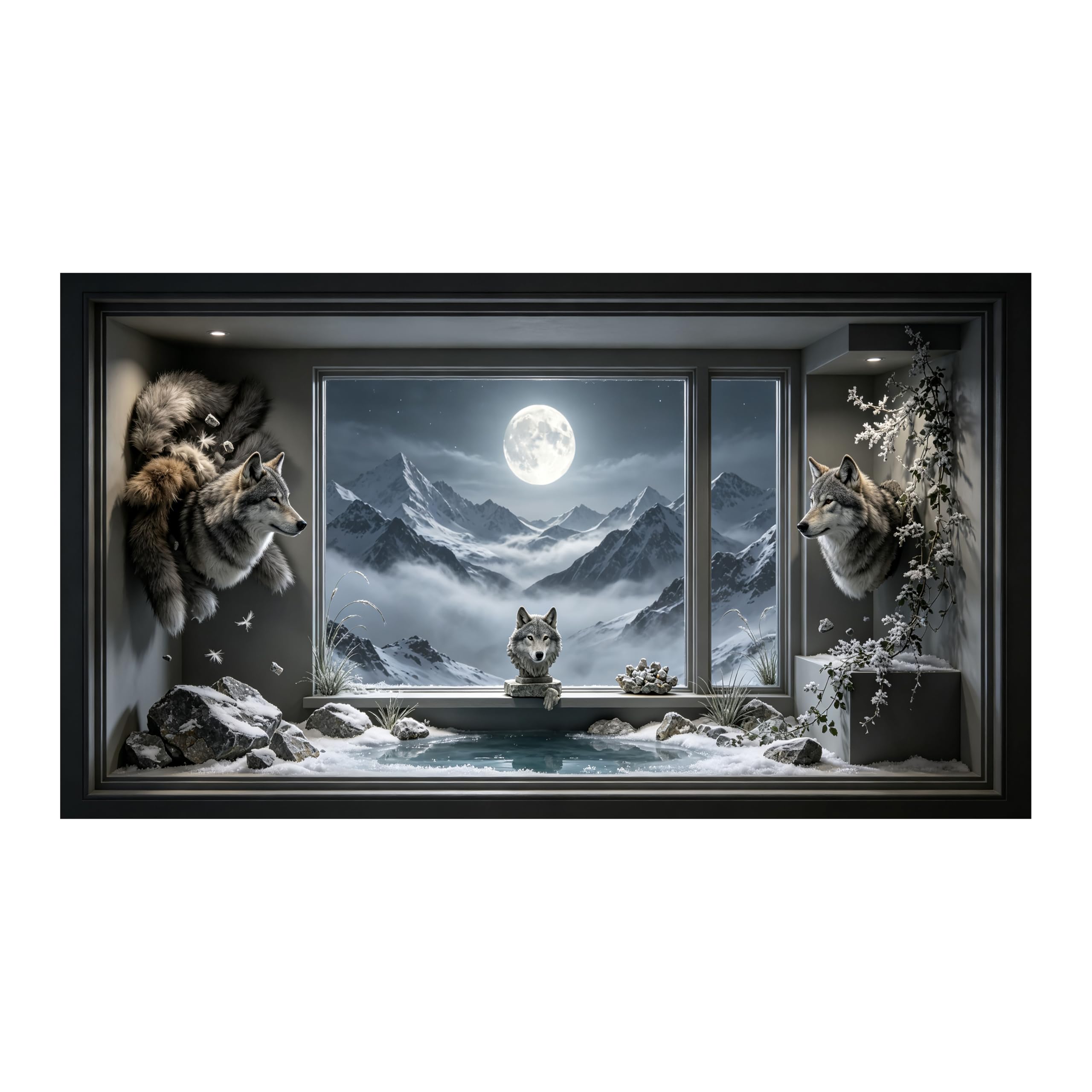 Yzpallescene 3D Framed Wall Art Moonlit Wolf Mountain Landscape Nordic Large Size SelfAdhesive Removable Wall Decor Prints Artwork for Living Room Bedroom Office