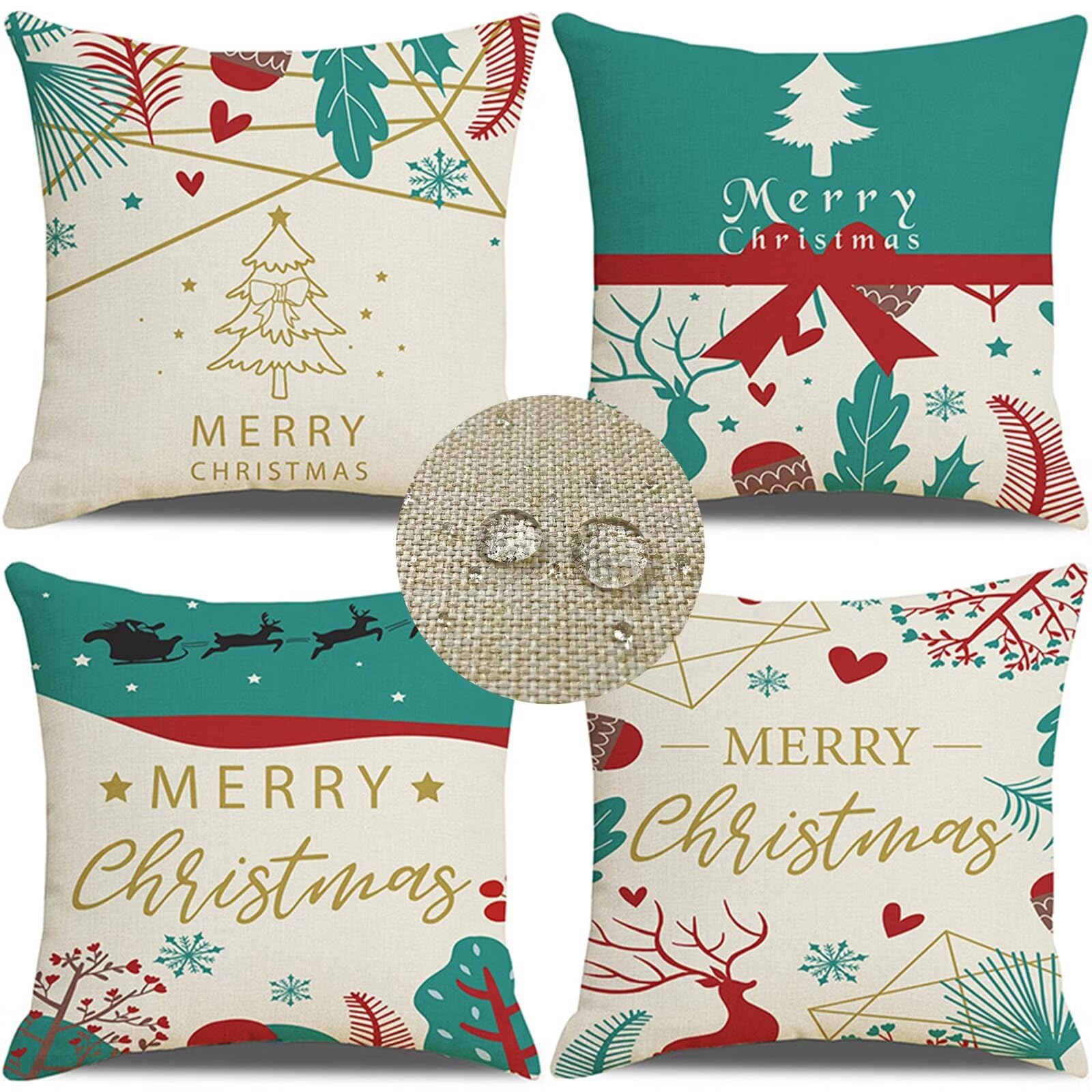 Azul Fundas Cojines 4 Piezas Navidad Cojines Sofa Doble Cara Lino Impermeable Cojines Exterior para Sala Sofá Estar Funda Cojines Decorativos Regalo, con Cremallera Oculta Funda Cojin 75x75cm W-5519