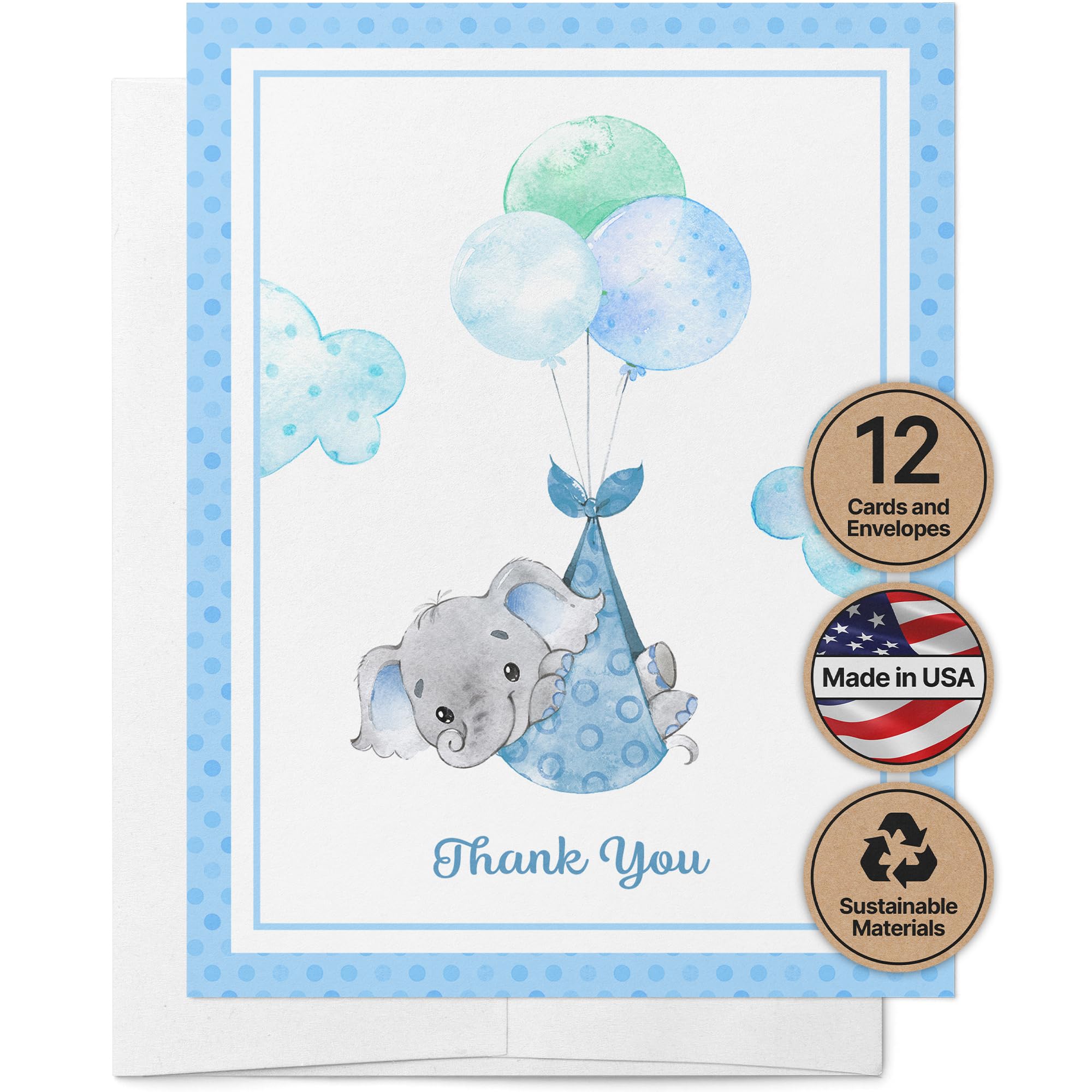 Twigs Paper Baby Boy Shower Thank You Cards, 12 Blue Elephant Note Cards
