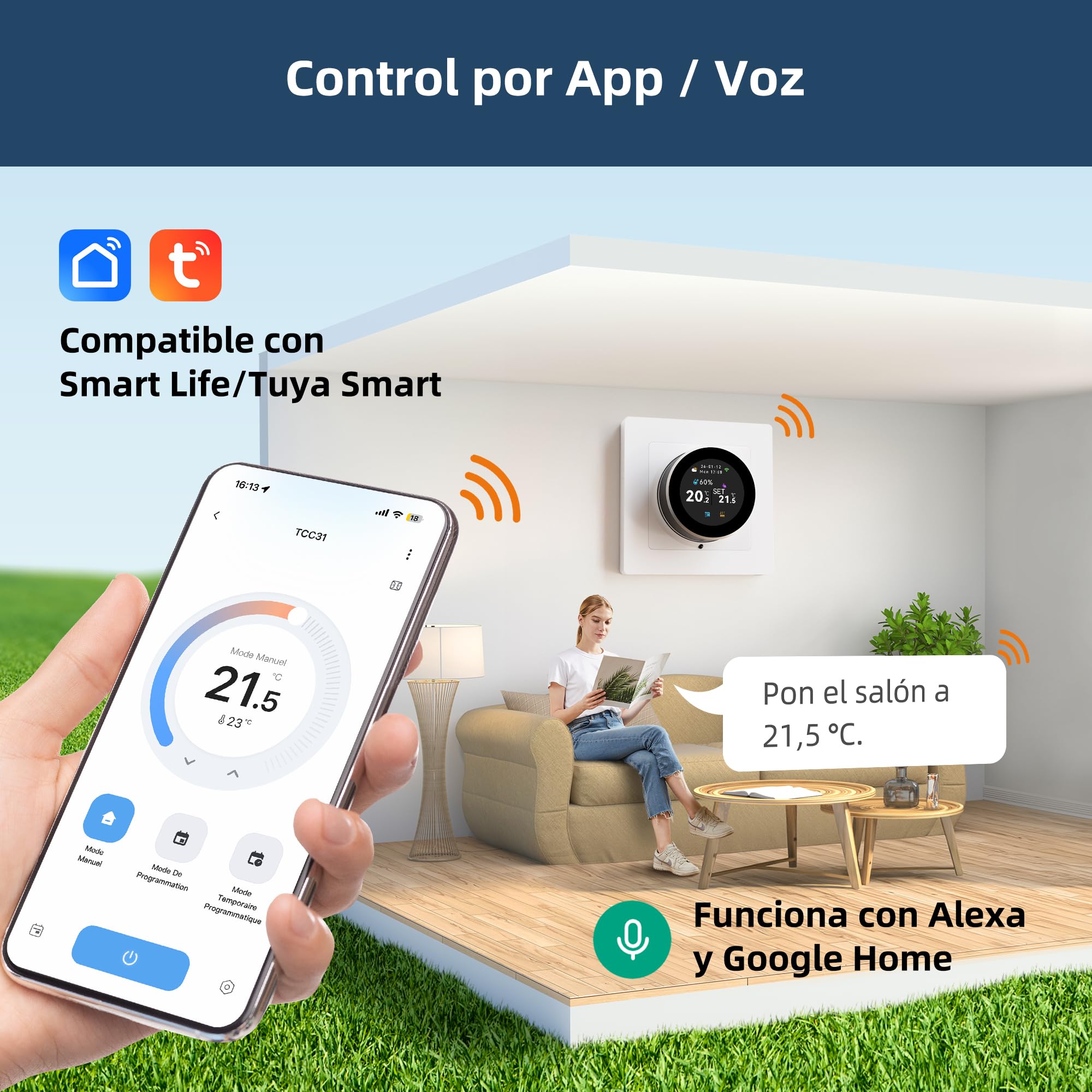 Termostato para calderas Beok con conexión Wi-Fi, programable por días, con control por voz compatible con Google Assistant y Alexa. Apto para calderas de agua o de gas con contactos secos, 100-240 V.