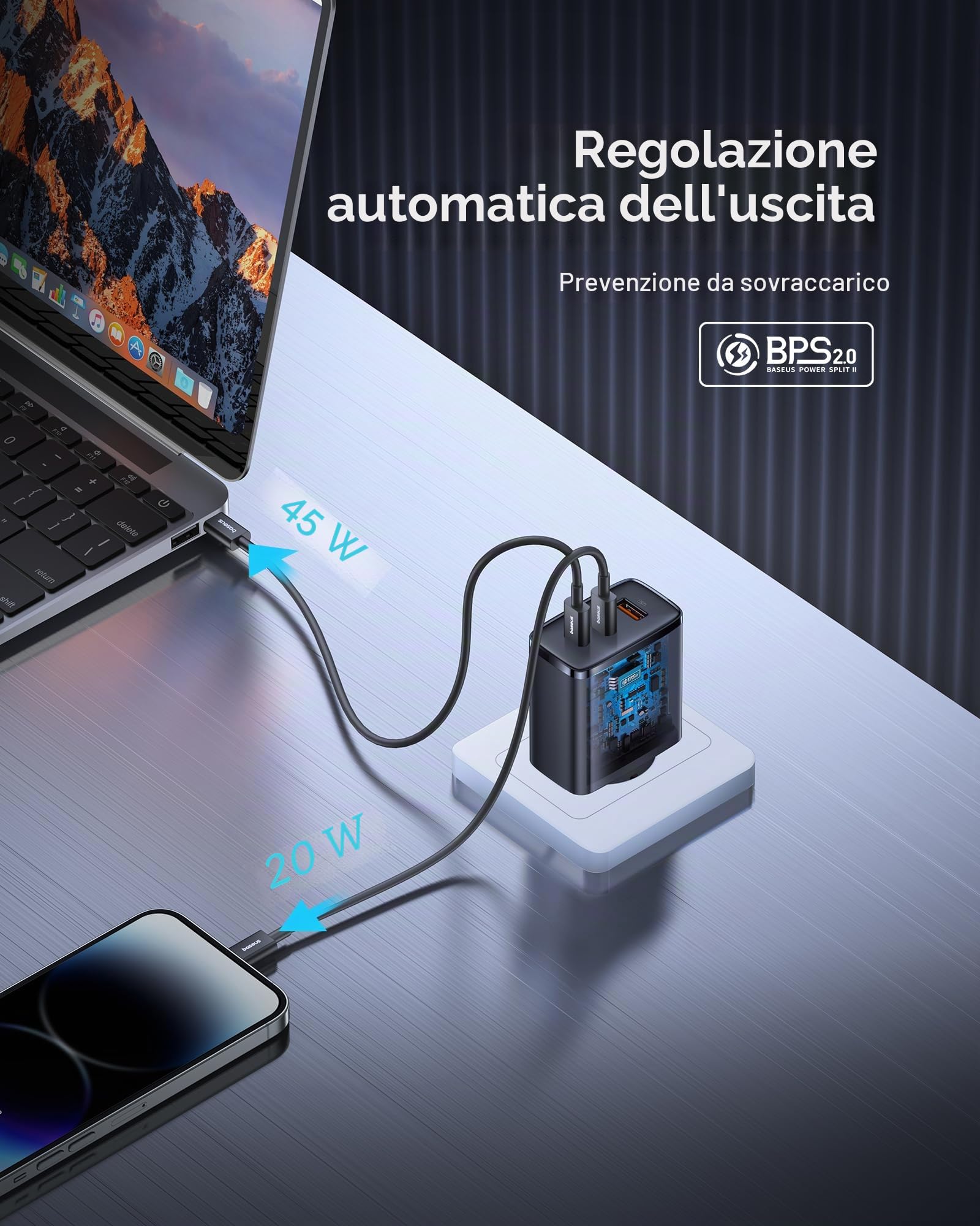 Baseus Caricatore USB C 65 W GaN 3 Porte PD PPS per MacBook iPhone iPad Galaxy
