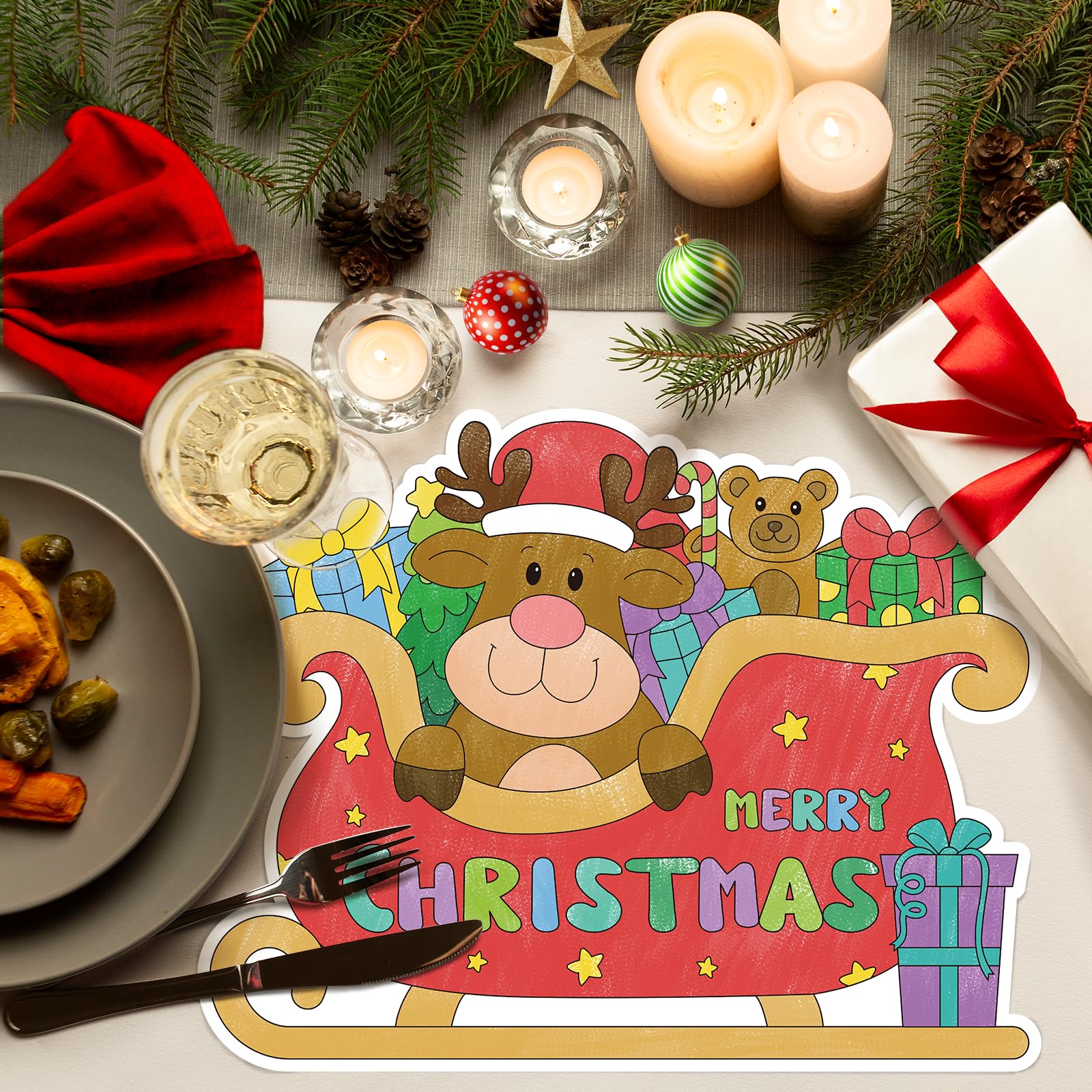 FLYAB Manteles individuales de Navidad para niños, 10 x 13 pulgadas, 12 manteles individuales de papel desechables de doble cara para niños, manteles de Navidad para decoración de fiestas de