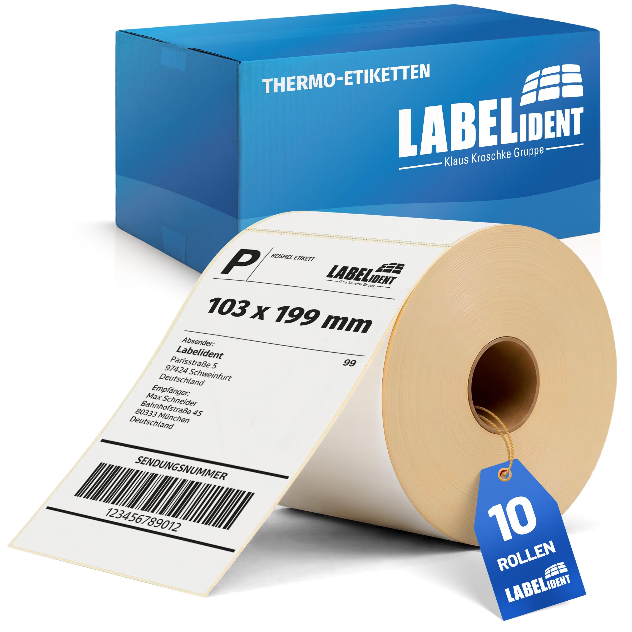 Labelident Versandetiketten 103 x 199 mm - 3.500 Etiketten, 10 Rollen à 350 Thermoetiketten | Stark selbstklebende Thermodirekt-Labels für DHL, DPD, FedEx, GLS, Hermes, UPS, Zebra