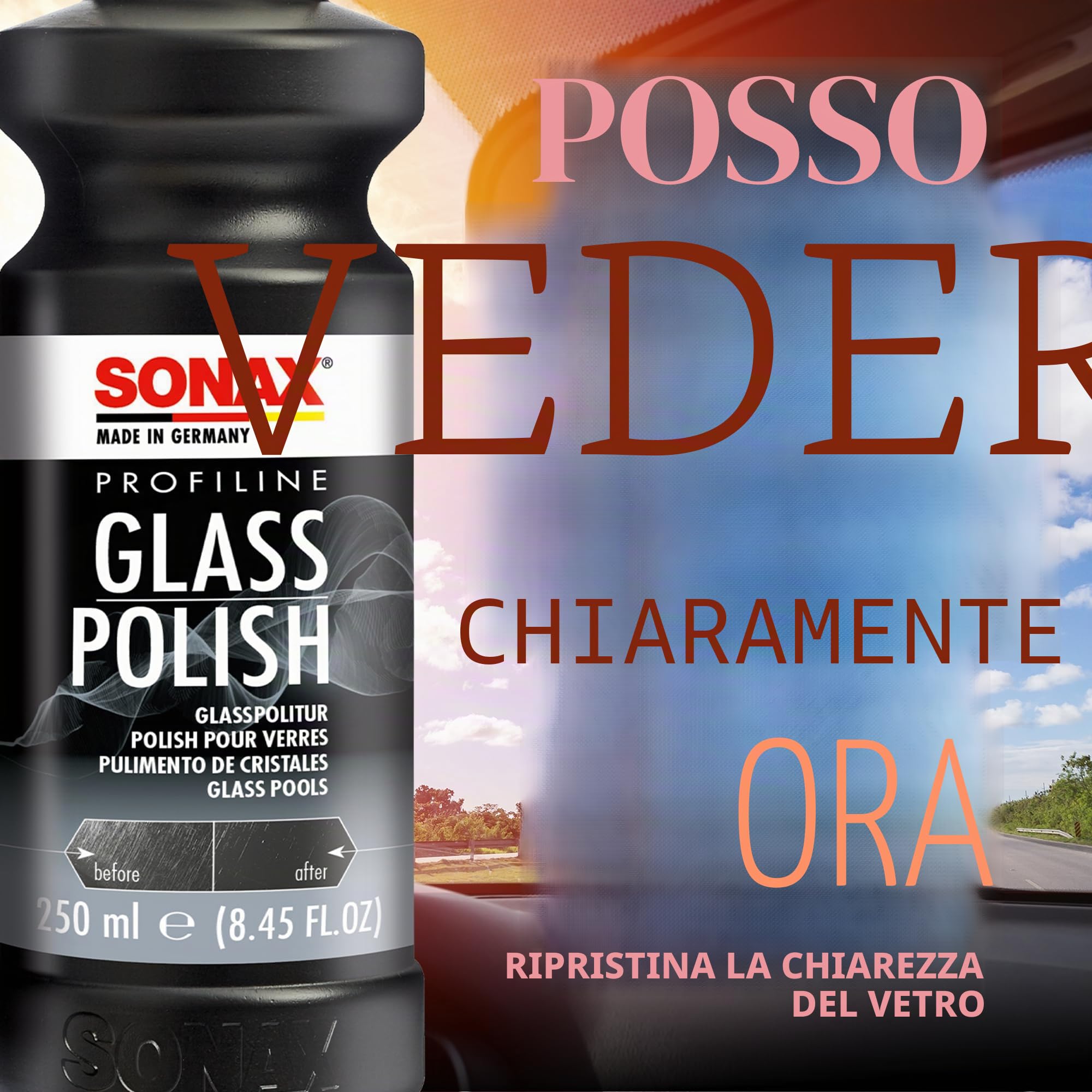 SONAX PROFILINE Lucidante vetro auto (250 ml) rimuove graffi leggeri e ossidazioni. Con ossido di cerio per superfici in vetro | Art. N. 02731410