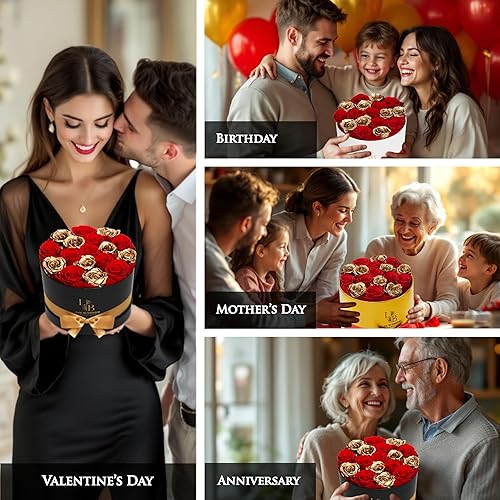 Miniatura 5 de 17 rosas para siempre en una caja, rosas rojas y doradas de lujo para el día de San Valentín, rosas doradas, regalos de rosas preservadas para
