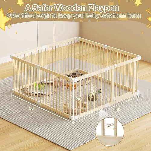 Miniatura 3 de Corralito grande de madera para bebés, puerta ajustable para niños pequeños y bebés, patio de juegos plegable con puerta, área de juego segura para