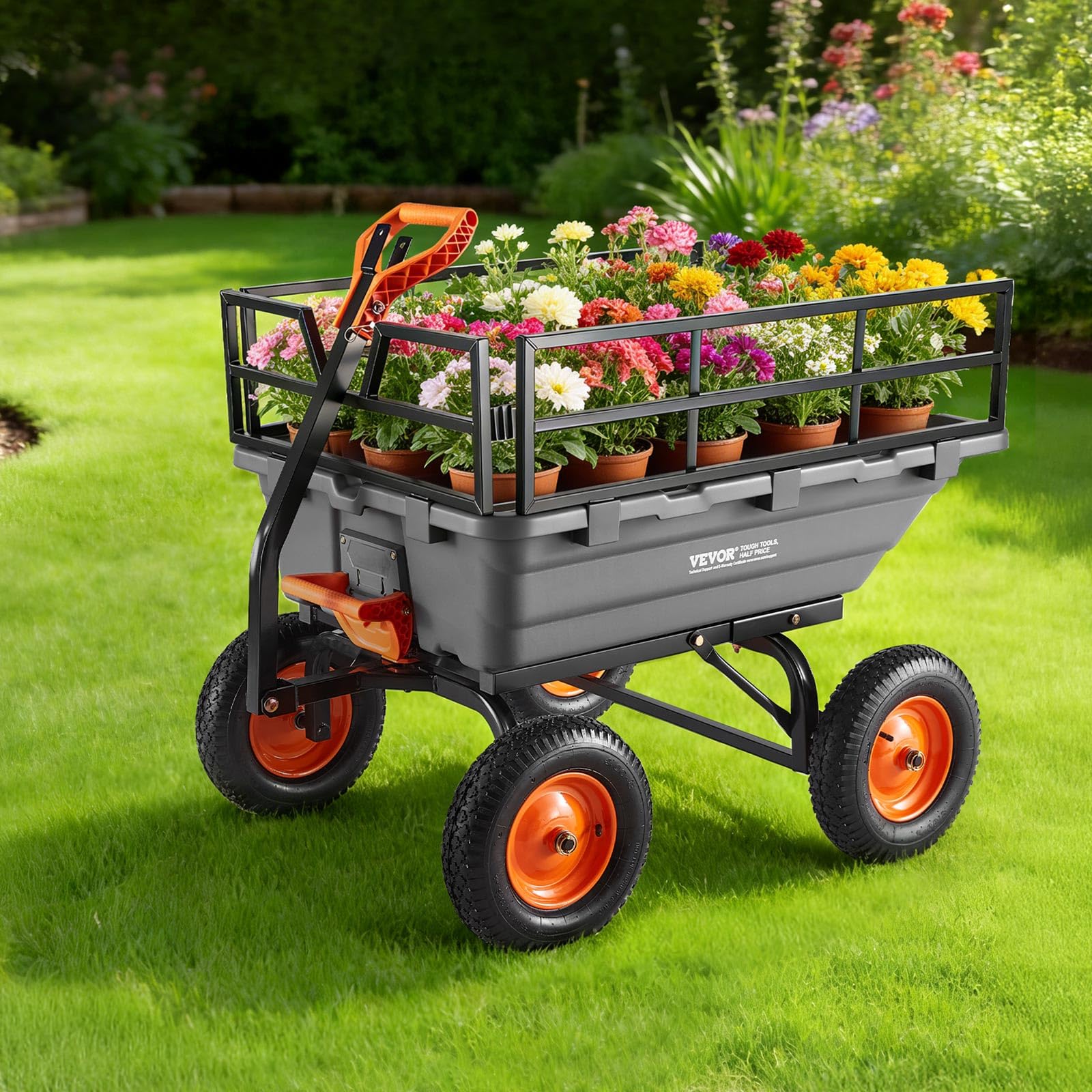 VEVOR Chariot de Jardin Basculant 680 kg Chariot à Benne Basculante Polypropylène pour Transport Plante Terre Récolte, avec Ridelle Amovible, Basculement 90°, Poignée 2 en 1, Essieu Directionnel 270°