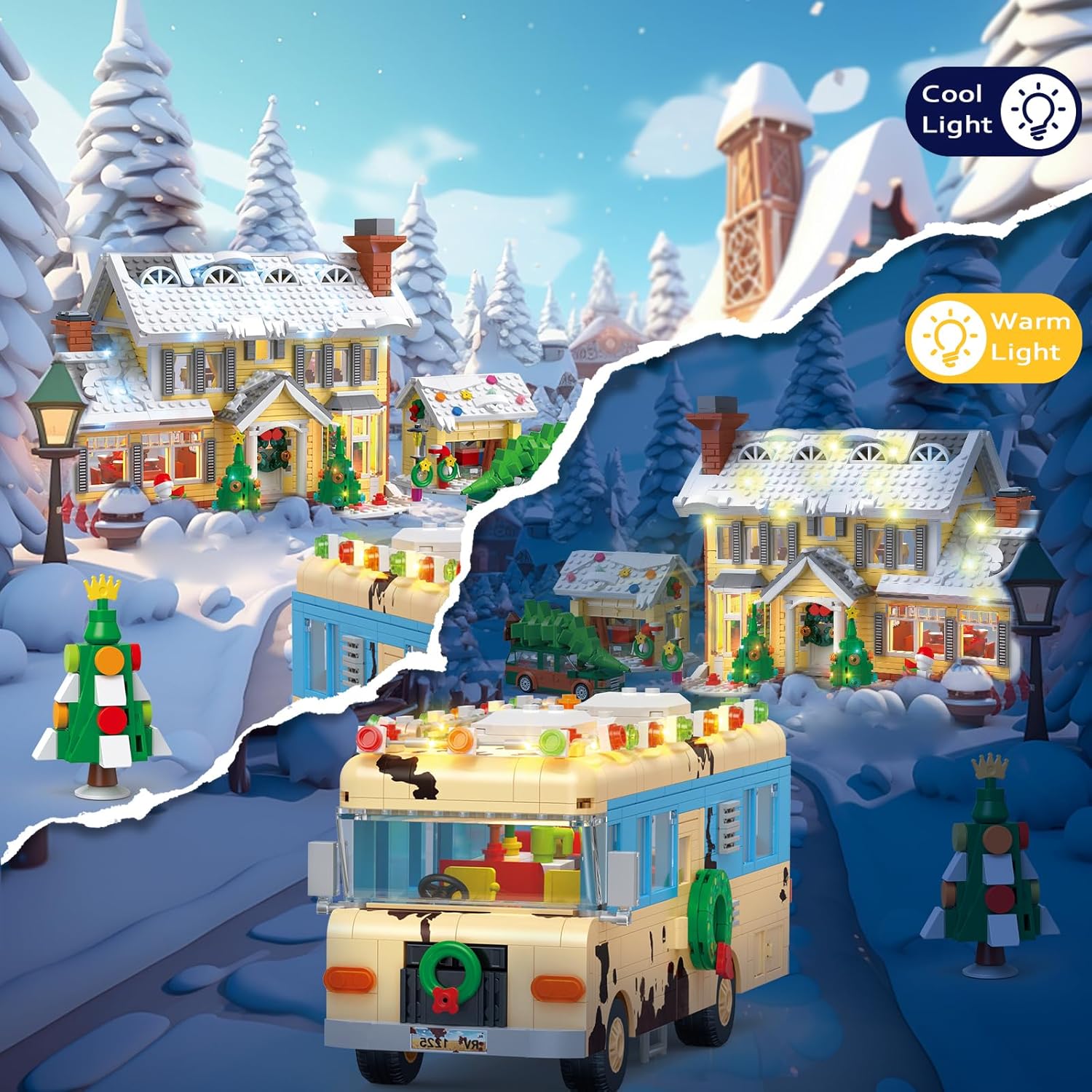 Snow Village Building Set,4 in 1 Christmas Vacation Holiday House&Cousin Eddie's RV&Picup Truck&Garage Building Blocks Model Kit Compatible with Lego for Child Adults(2056PCS)