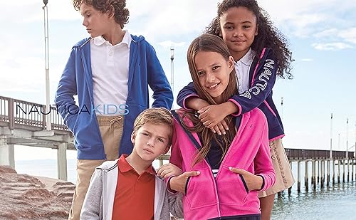 Miniatura 2 de Nautica Sudadera con capucha con cremallera para niños, diseño de logotipo distintivo, bolsillos canguro, fabricada con forro polar ligero