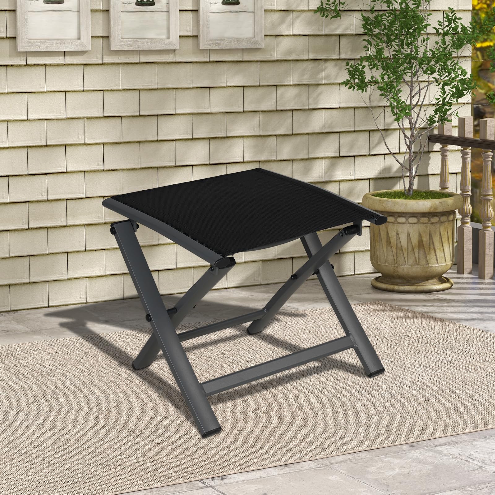 Grand patio Sgabello Poggiapiedi Pieghevole con Gambe in Alluminio, Multifunzionale Sgabellino, Piccolo Moderno Appoggia Piedi, Resistente Sgabello per Giardino, Salotto, Nero 40 x 41 x 45cm