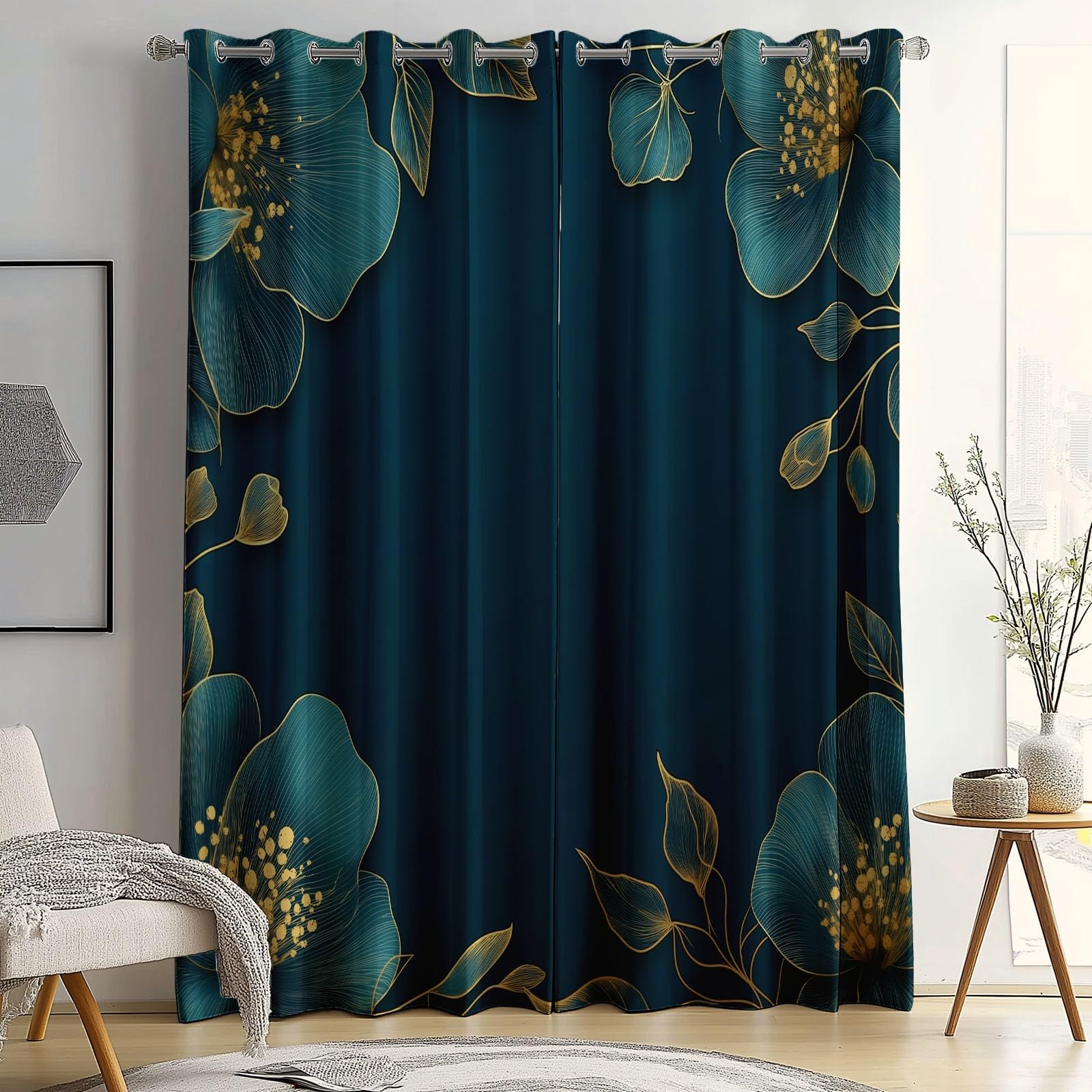 Rideaux Isolants 110L X 215H cm (2 Panneaux), Design Fleurs Modernes Cadre Tenture Opaque Anti-Chaleur pour Chambre Principale, Bleu Or