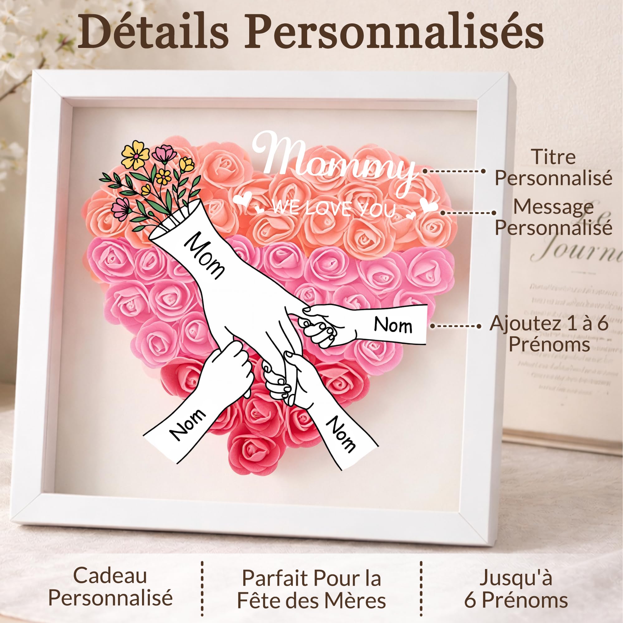 BEXOA Cadeau Fête des Mères Personnalisé, Boîte à Fleurs Cœur avec 2-6 Prénoms, Cadeau pour Maman et Grand-Mère (Style 1)