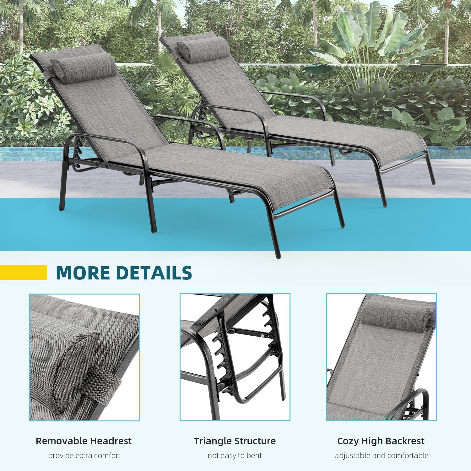 EROMMY Patio Chaise Lounge, Set of 2 Outdoor Lounge Chair (Grey)
