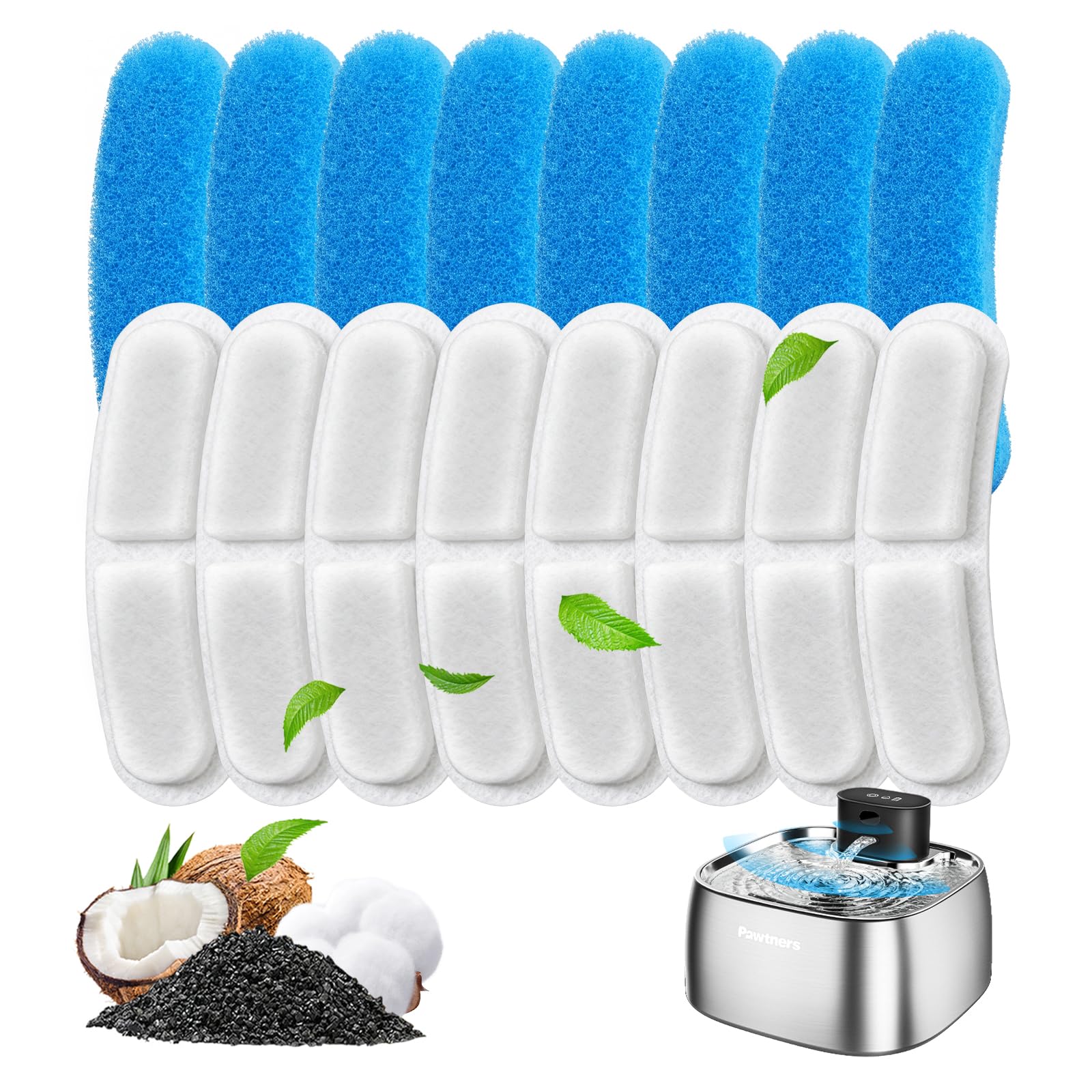 Pawtners Ersatzfilter für Pumpless-Katzen-Wasserbrunnen STR-PT-108A, mehrschichtige Filtration für Katzen-/Hundebrunnen, komplettes Set mit 8 Filtern und 8 Schwämmen, 8 Stück